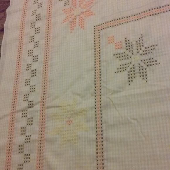 Vintage Embroidered Tablecloth Light Yellow 44" x 94" with Orange Brown Yellow - Picture 5 of 6